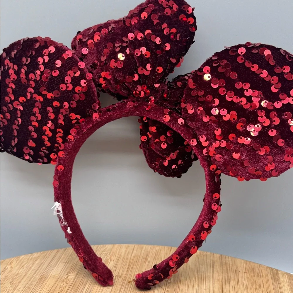 Disney‎ Parks Minnie Ears Dark Red Velour Sequin Tokyo Disneyland Japan Headband